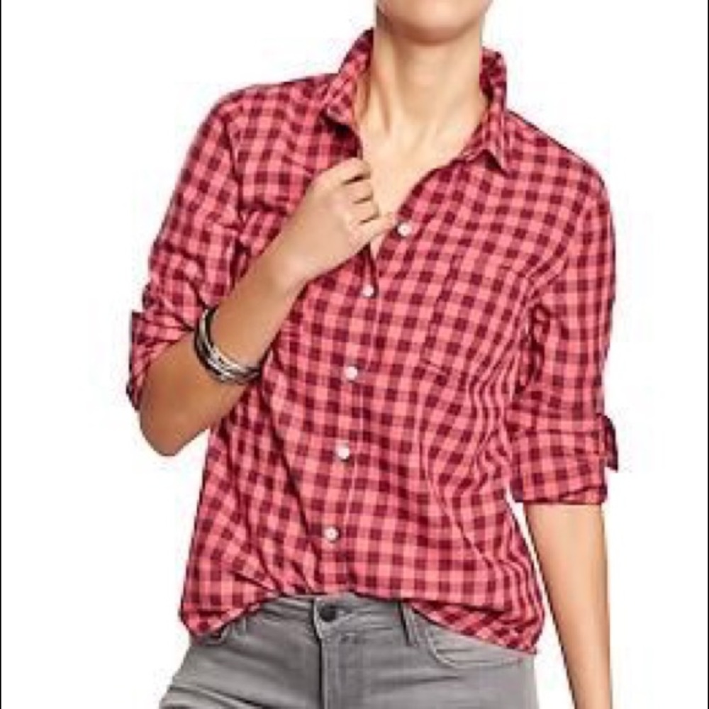 Old Navy Pink & Maroon Plaid Flannel Button Down